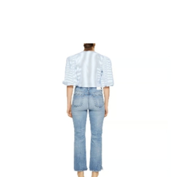 Jonathan Simkhai Ellen Blue White Stripe Cotton Oxford BabyDoll Puff Sleeve Top - Picture 3 of 16